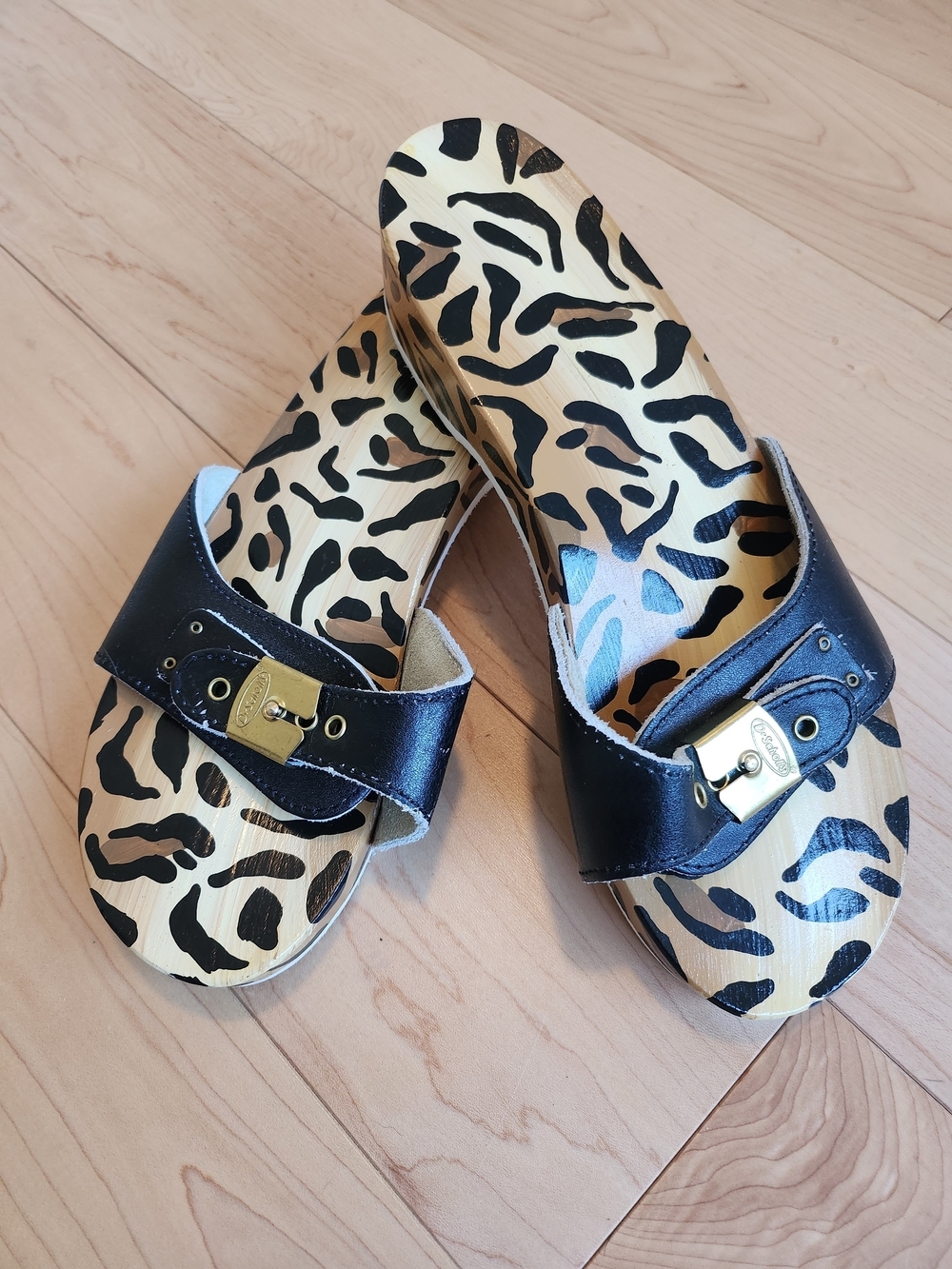 "Rare" Dr.Scholls Original Leopard Printed Wooden Sole Black Buckle Slides US 8 - Picture 2 of 6